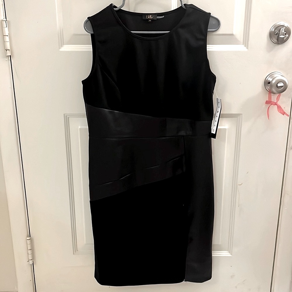 ILE black dress with faux leather detailing, size 10, new with tags!